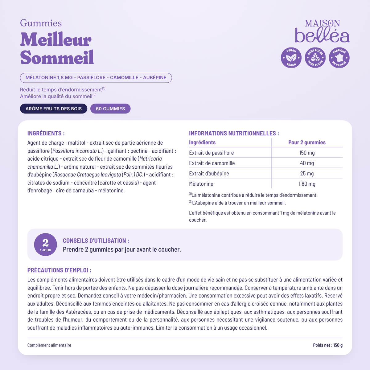Composition des gummies Meilleur Sommeil pour 2 gummies