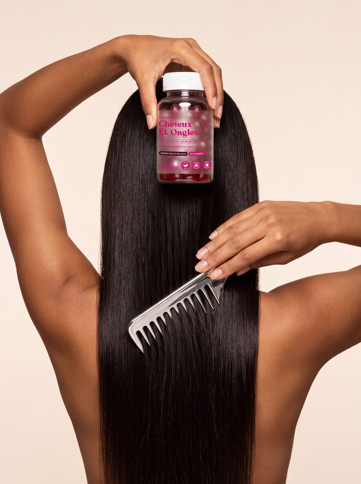 Dos de la boîte Cheveux et Ongles : composition et conseils d'utilisation