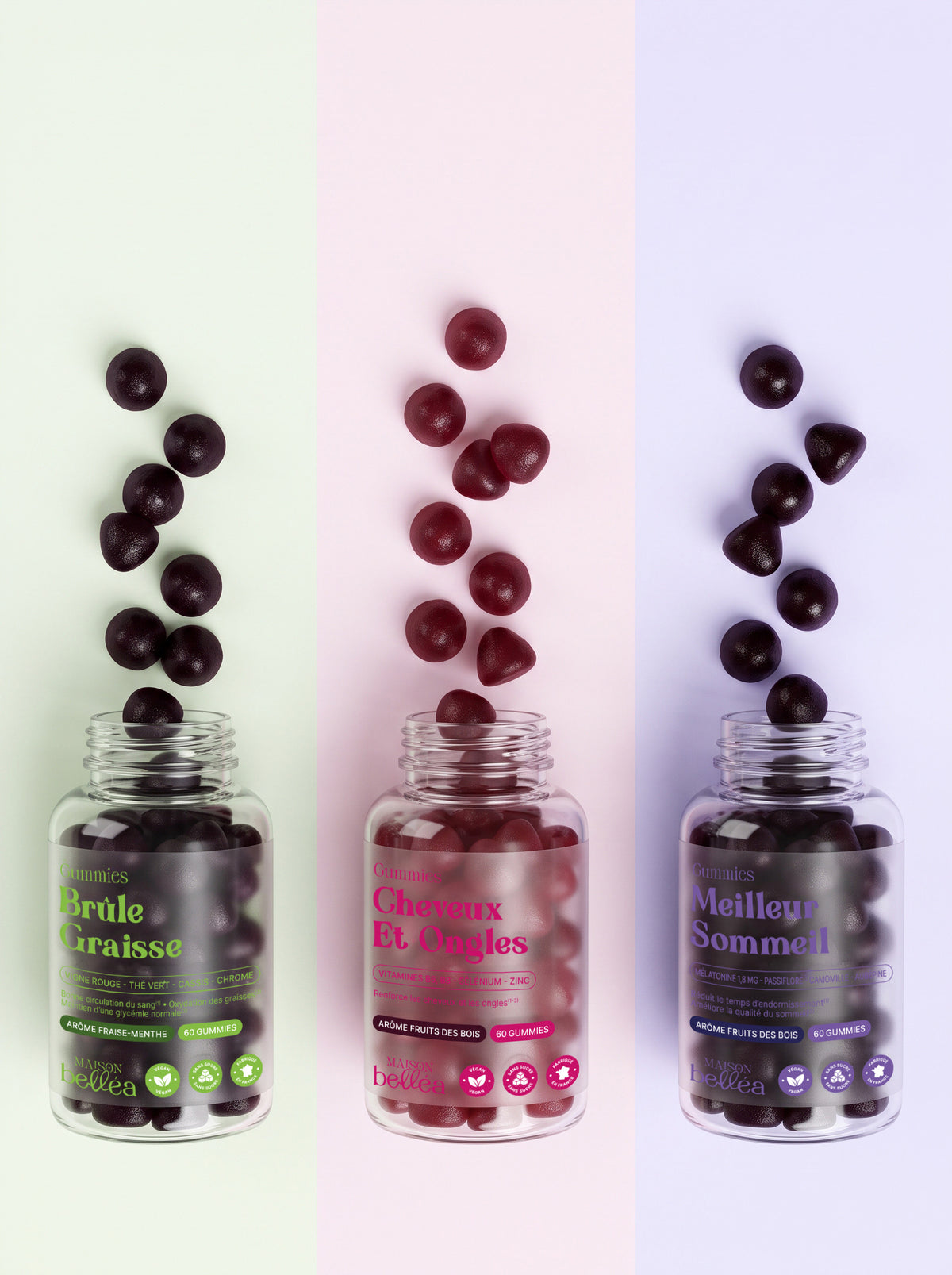 Pots de gummies Brûle-Graisse, Cheveux et Ongles et Meilleur Sommeil ouverts sur des bandes de couleur