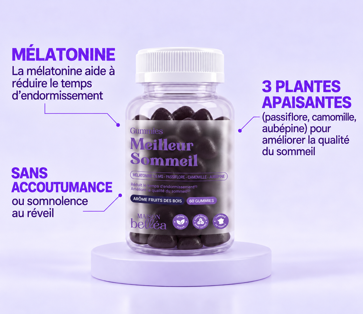 Gummies Meilleur Sommeil et leurs actifs : mélatonine, passiflore, camomille, aubépine