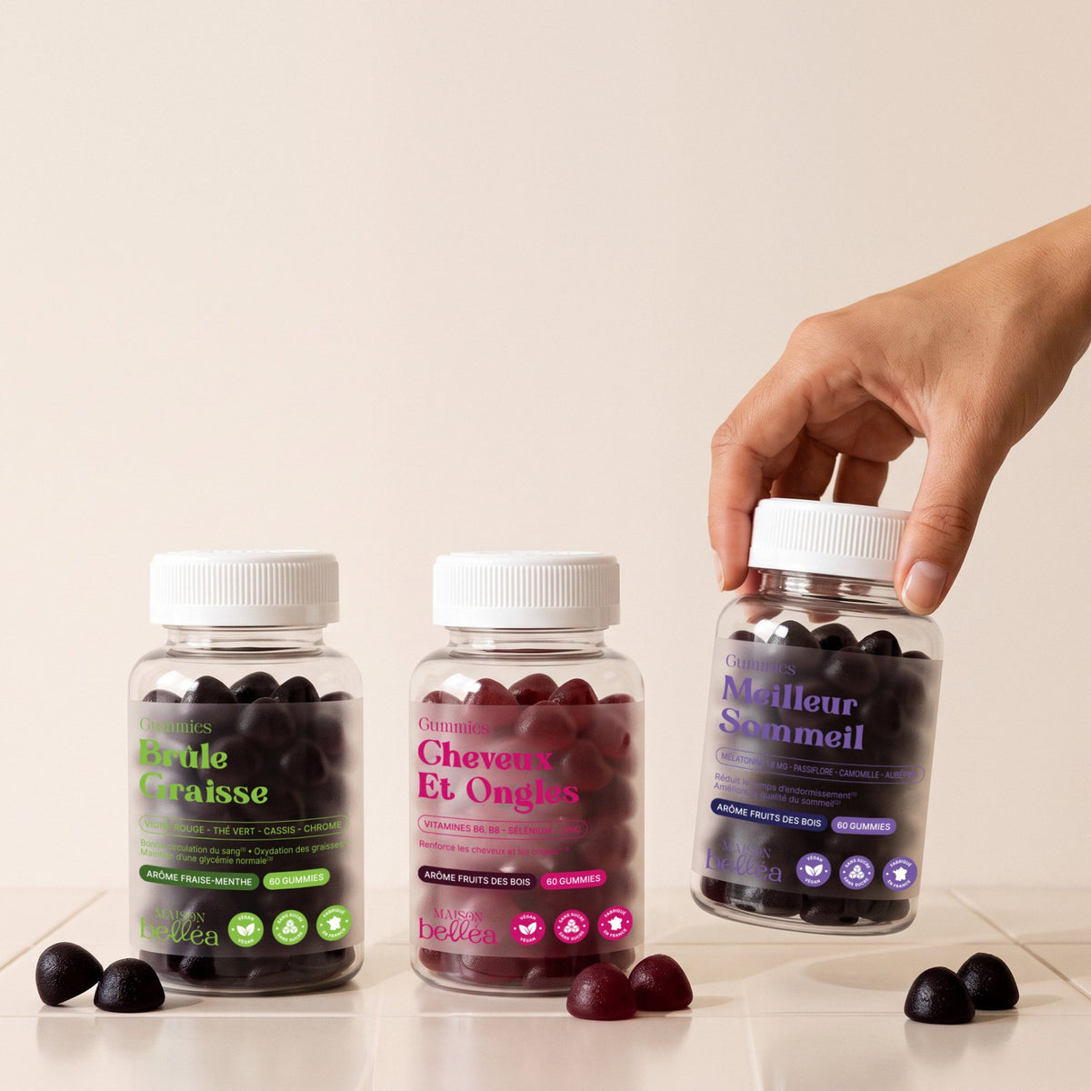 Les trois gummies du Pack Idéal Maison Belléa : Brûle-Graisse, Cheveux et Ongles et Meilleur Sommeil